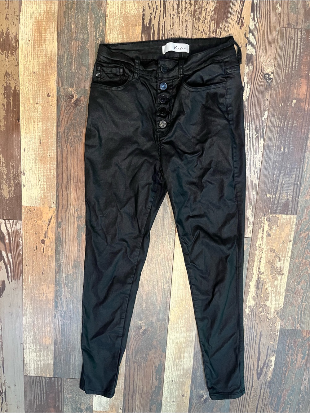 KanCan Women's Black Faux Leather Skinny Button-Fly Jeans